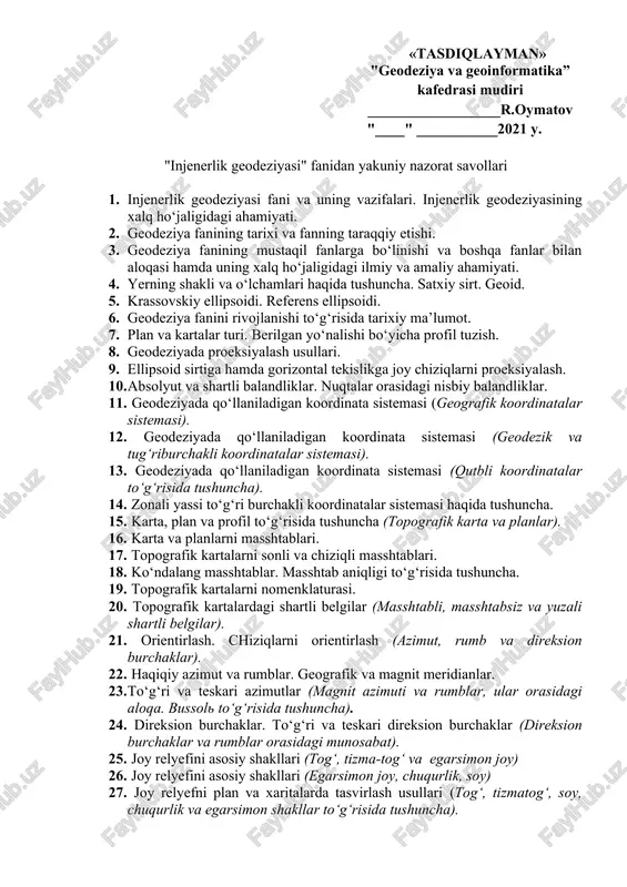injenerlik geodeziyasi yakuniy nazorat savollari — DOC