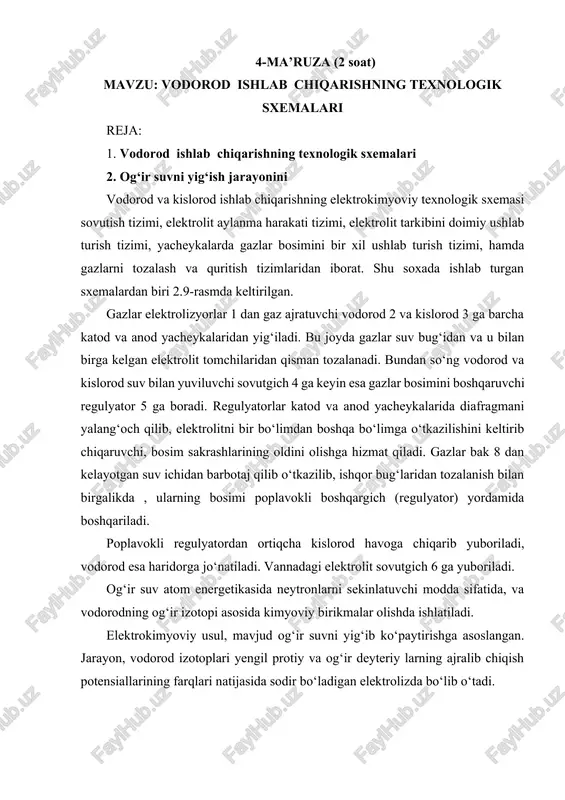 vodorod ishlab chiqarishning texnologik sxemalari — DOCX
