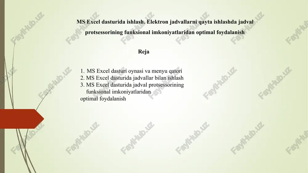 ms excel dasturida ishlash. elektron jadvallarni qayta ishlashda jadval protsessorining funksional i — PPTX