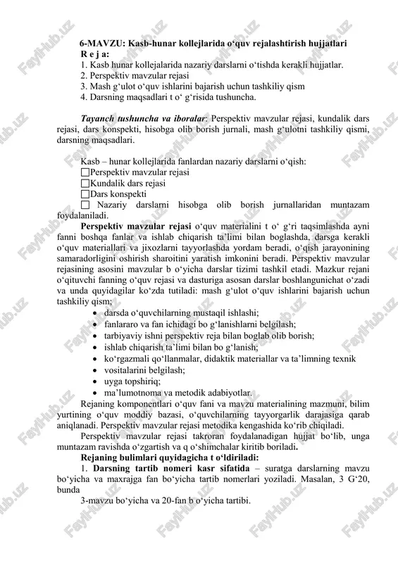 kasb-hunar kollejlarida o‘quv rejalashtirish hujjatlari — PDF
