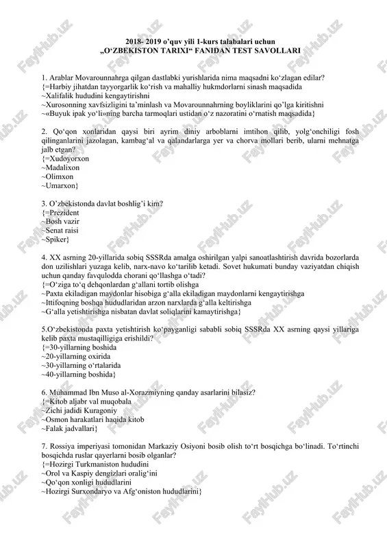 o‘zbekiston tarixi fanidan test savollari — DOC