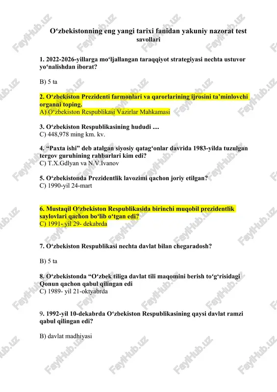 oʻzbekistonning eng yangi tarixi fanidan yakuniy nazorat test savollari — DOCX