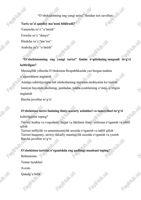 o‘zbekistonning eng yangi tarixi fanidan test savollari — DOCX