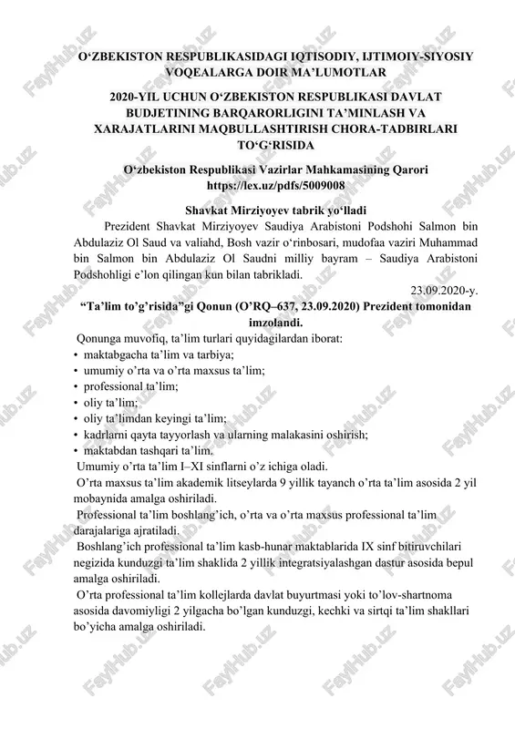 “ta’lim to’g’risida”gi qonun (o’rq–637, 23.09. 2020) — DOC