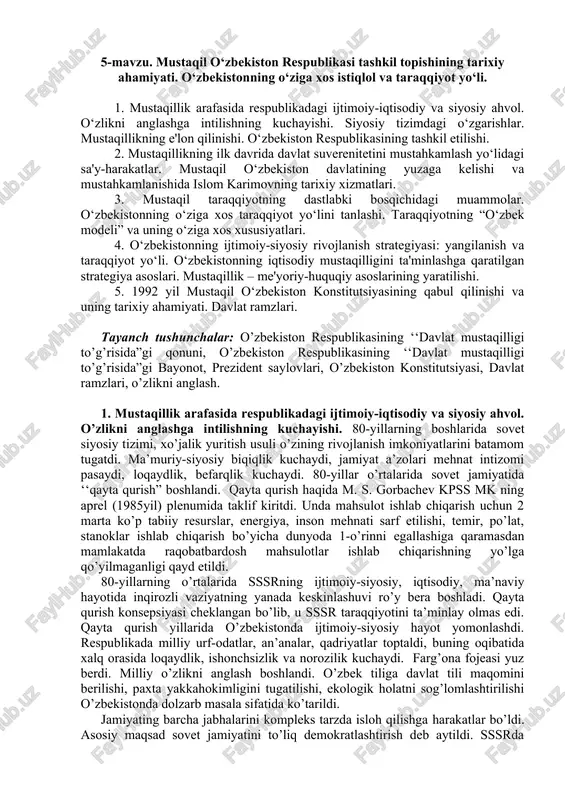 mustaqil o‘zbekiston respublikasi tashkil topishining tarixiy ahamiyati — DOC