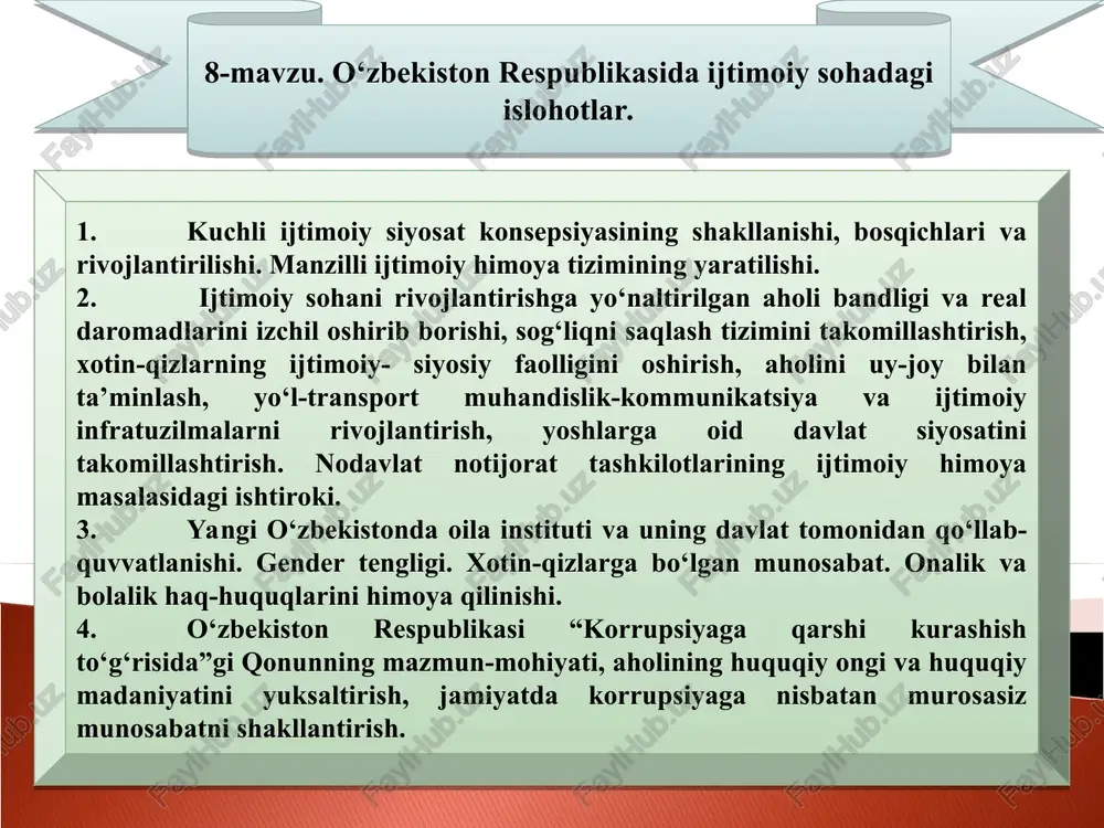 o‘zbekiston respublikasida ijtimoiy sohadagi islohotlar — PPT