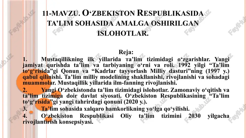 ta'lim sohasida amalga oshirilgan islohotlar — PPTX
