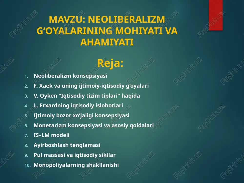 neoliberalizm g‘oyalarining mohiyati va ahamiyati — PPTX