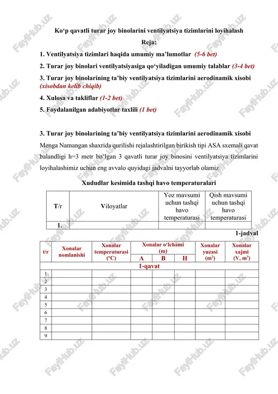 turar joy binolarini ventilyatsiya tizimlarini loyihalash — DOCX