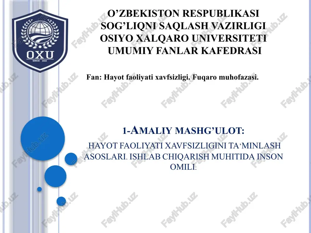 hayot faoliyati xavfsizligi ta’minlash asoslari — PPTX