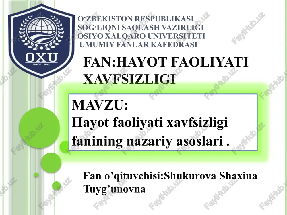 hayot faoliyati xavfsizligi — PPTX