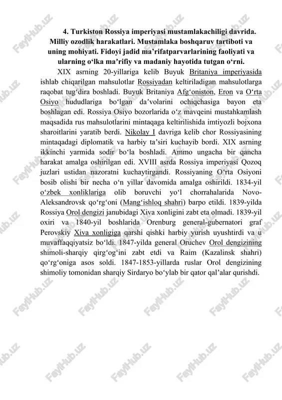 turkiston rossiya imperiyasi mustamlakachiligi davrida — DOCX