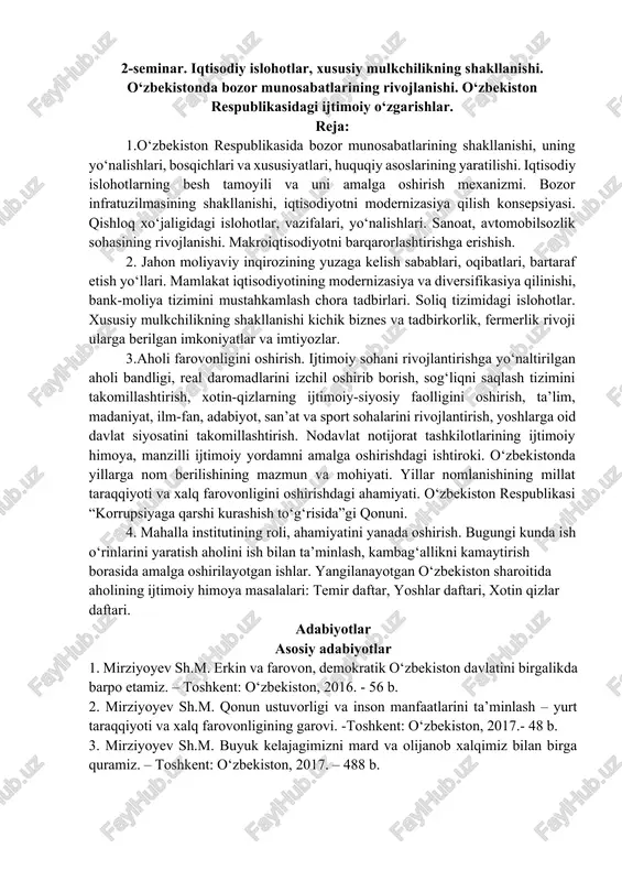 iqtisodiy islohotlar, xususiy mulkchilikning shakllanishi — DOCX