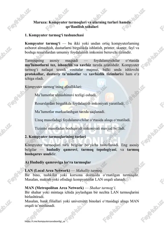 kompyuter tarmoqlari va ularning turlari — DOCX
