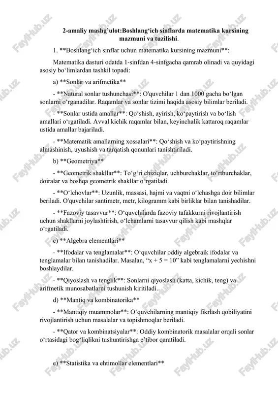boshlang‘ich sinflardagi matematika kursi — DOC