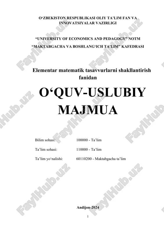elementar matematik tasavvurlarni shakllantirish fanidan — DOC