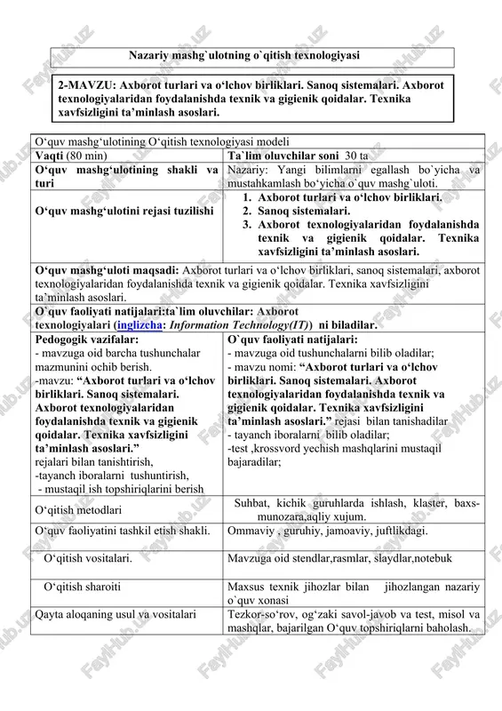 o‘quv mashg‘ulotining o‘qitish texnologiyasi modeli — DOCX