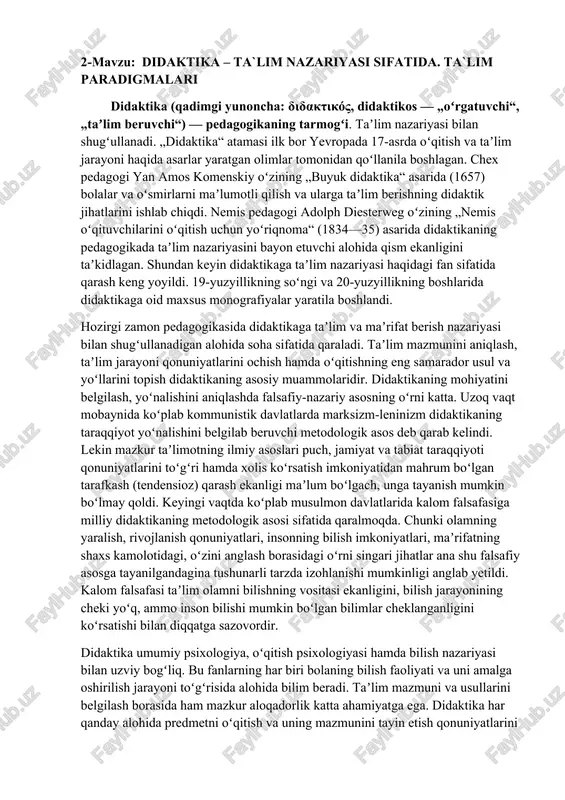 didaktika – ta`lim nazariyasi sifatida — DOC