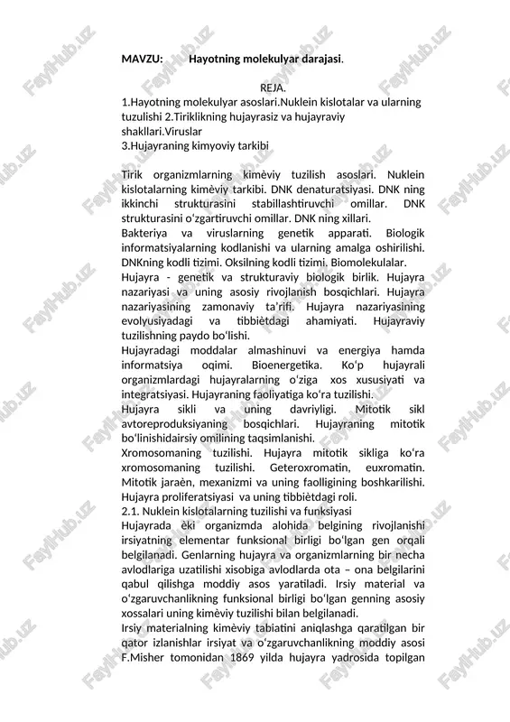 hayotning molekulyar darajasi — DOCX