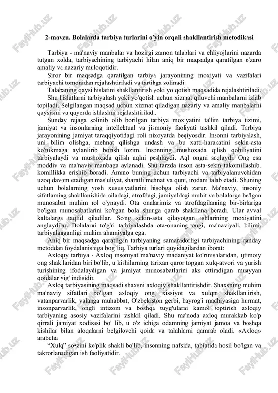 bolalarda tarbiya turlarini o’yin orqali shakllantirish metodikasi — DOCX