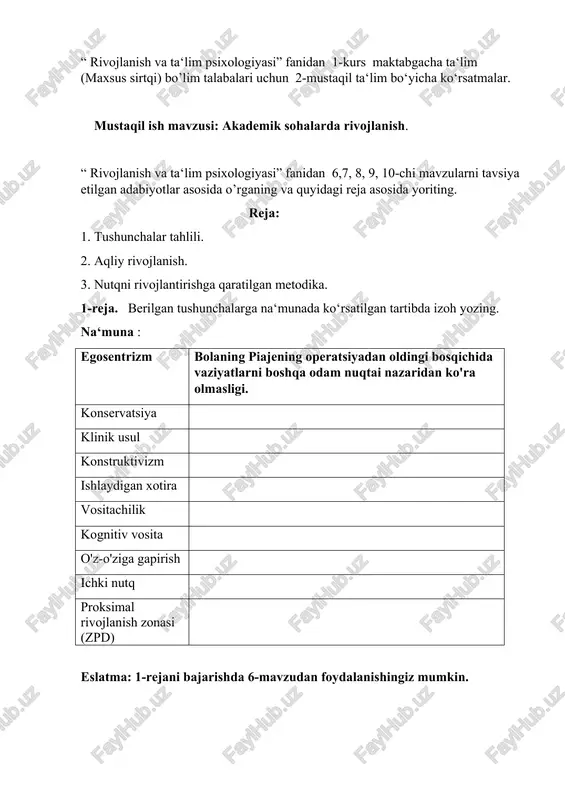 "rivojlanish va ta‘lim psixologiyasi" — DOCX