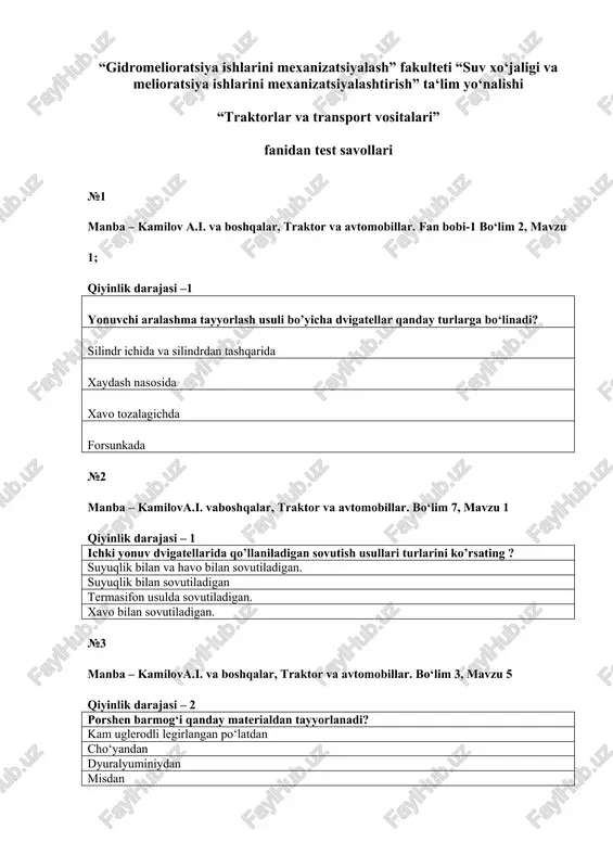 traktorlar va transport vositalari test savollari — DOCX