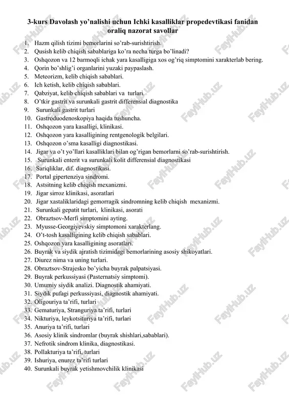 ichki kasalliklar propedevtikasi nazorat savollari — DOCX