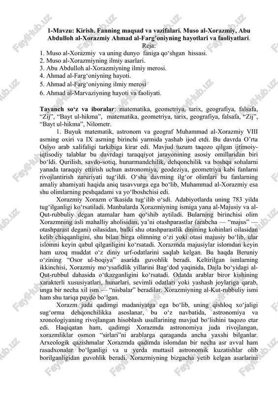 muhammad al-xorazmiyning hayot va faoliyatlari — DOCX