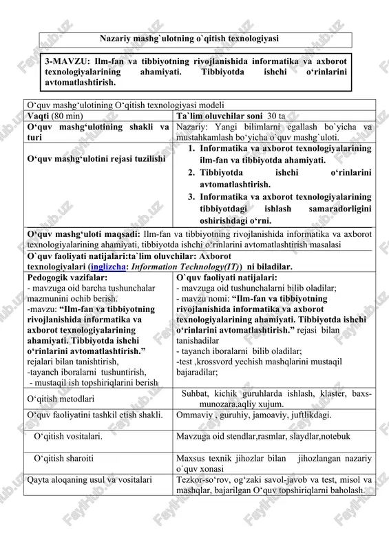 o‘quv mashg‘ulotining o‘qitish texnologiyasi modeli — DOCX