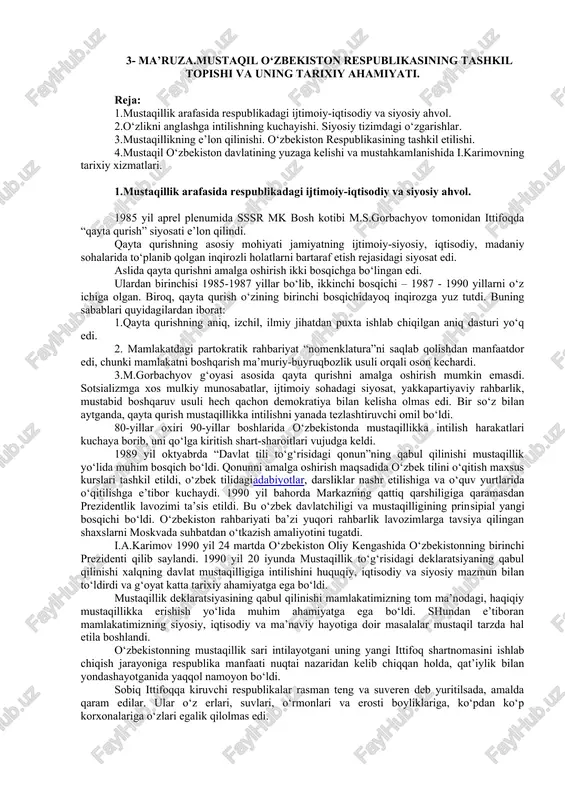 mustaqil o‘zbekiston respublikasining tashkil topishi va uning tarixiy ahamiyati — DOC