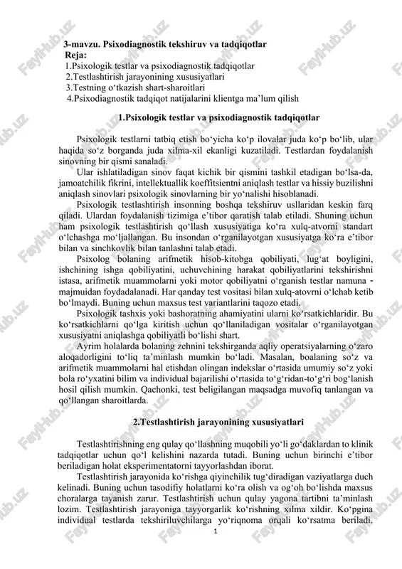 psixodiagnostik tekshiruv va tadqiqotlar — DOCX