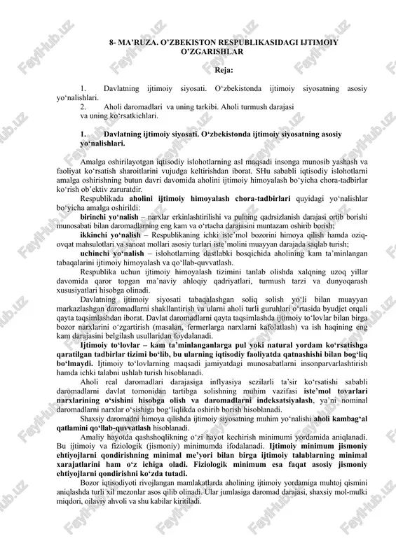 ma’ruza. o’zbekiston respublikasidagi ijtimoiy o’zgarishlar — DOC