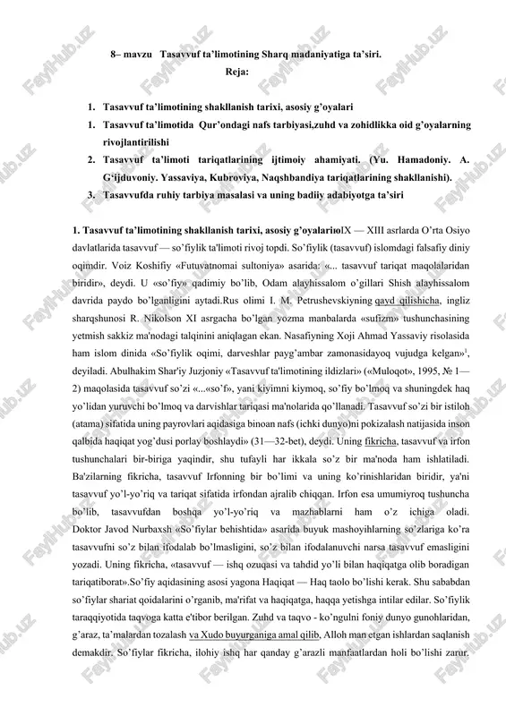 tasavvuf ta’limotining sharq madaniyatiga ta’siri — DOCX