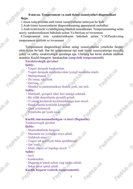 temperament va asab tizimi xususiyatlari diagnostikasi — DOCX