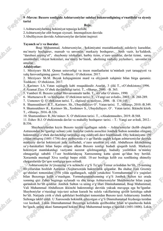 buxoro xonligida ashtarxoniylar sulolasi hukmronligining o‘rnatilishi va siyosiy tarixi — DOCX