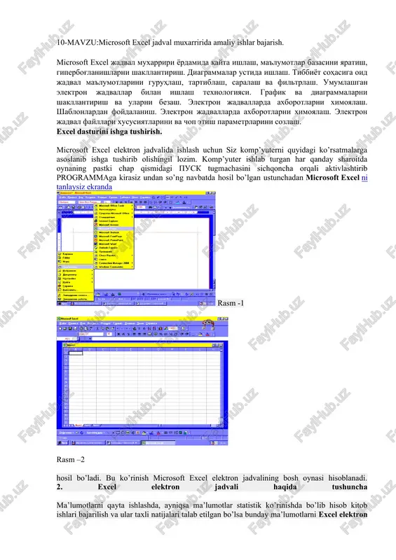 microsoft excel jadval muxarririda amaliy ishlar bajarish — DOCX