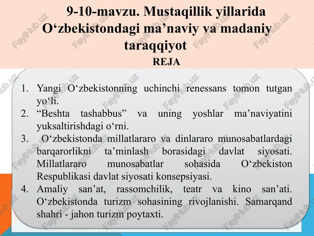 mustaqillik yillarida o‘zbekistondagi ma’naviy va madaniy taraqqiyot — PPT