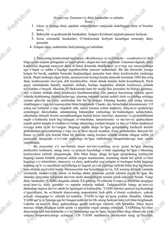 zamonavviy diniy harakatlar va sektalar — DOCX