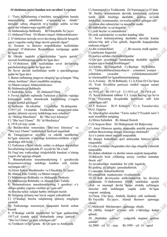 o‘zbekiston tarixi fanidan test savollari 1-variant — DOCX