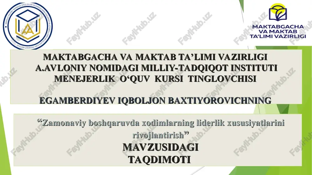 zamonaviy boshqaruvda xodimlarning liderlik xususiyatlarini rivojlantirish — PPT