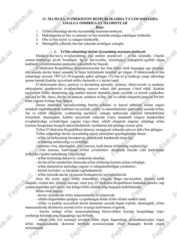 o'zbekiston respublikasida ta'lim sohasida amalga oshirilgan islohotlar — DOC