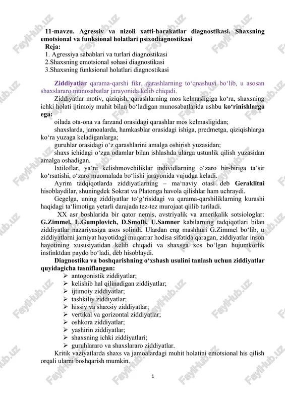 agressiv va nizoli xatti-harakatlar diagnostikasi — DOCX