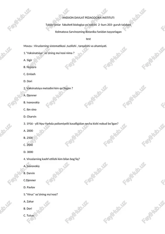 botanika fanidan tayyorlangan test — DOCX
