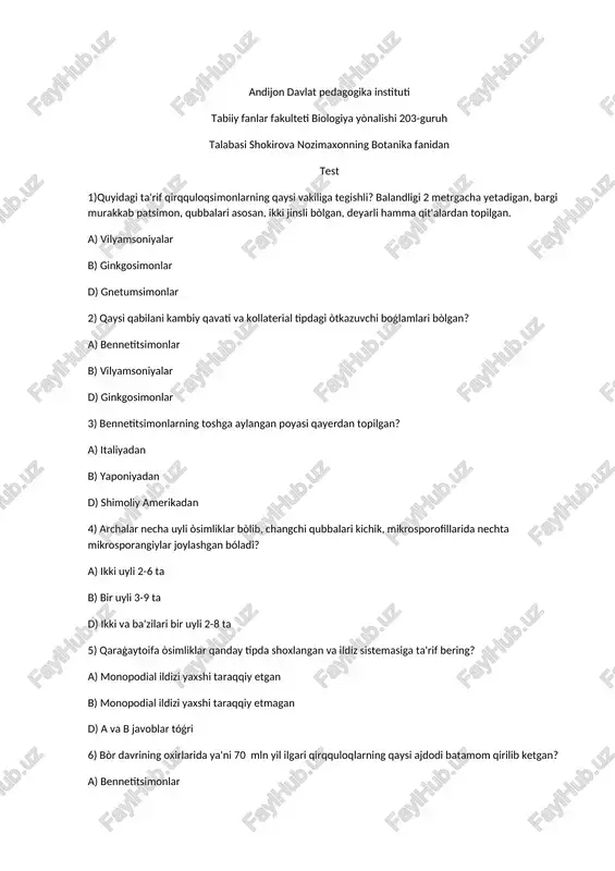 biologiya fanidan test savollari — DOCX