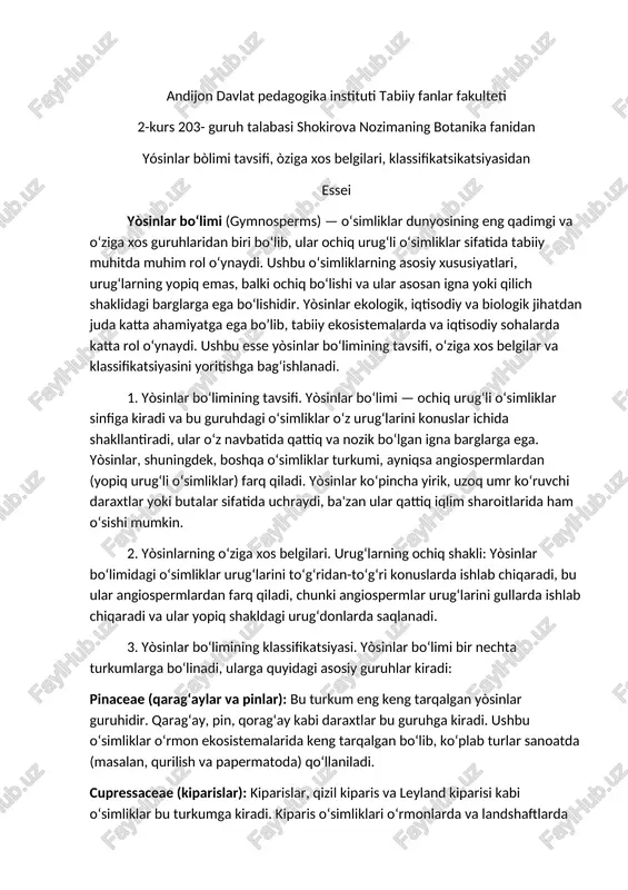 yòsinlar bo‘limi (gymnosperms) — DOCX