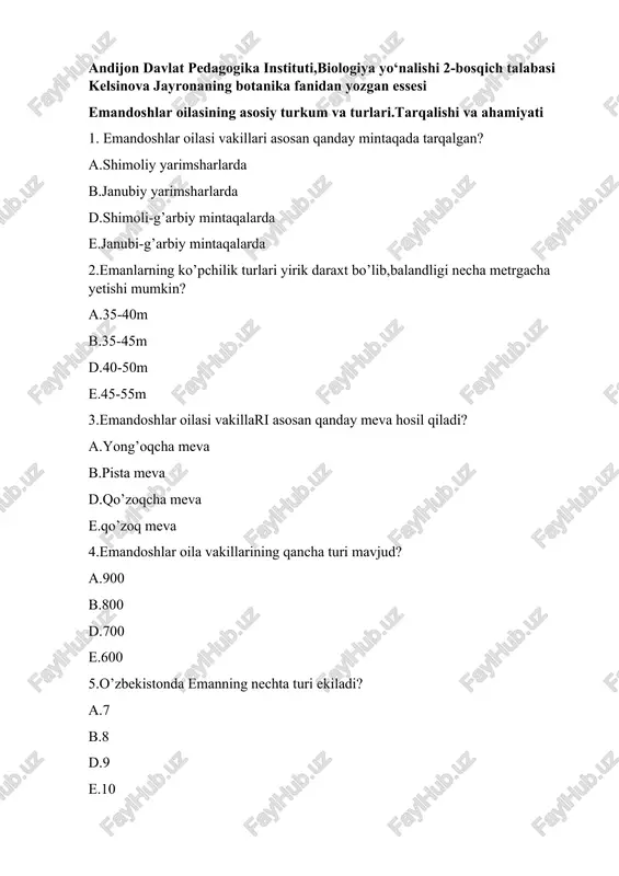 emandoshlar oilasining asosiy turkum va turlari — DOCX