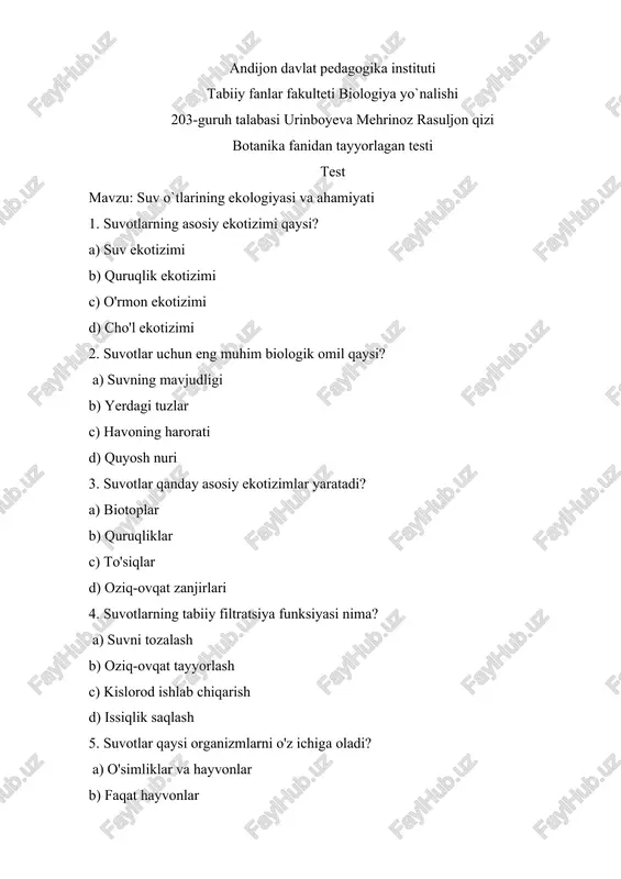 suv o`tlarining ekologiyasi va ahamiyati testi — DOCX