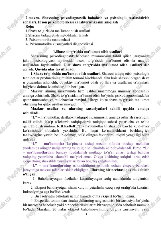 shaxs psixodiagnostik baholash va testlashtirish — DOCX