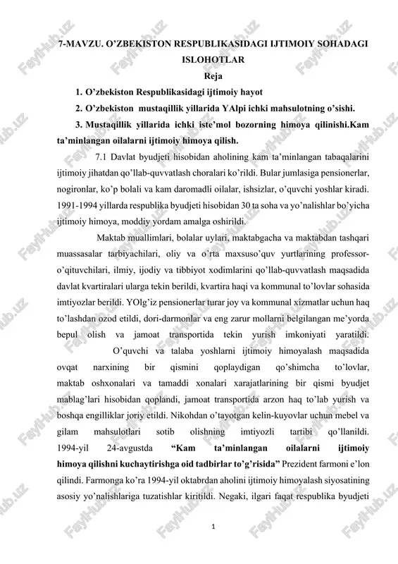 7-mavzu. o’zbekiston respublikasidagi ijtimoiy sohadagi islohotlar — DOCX