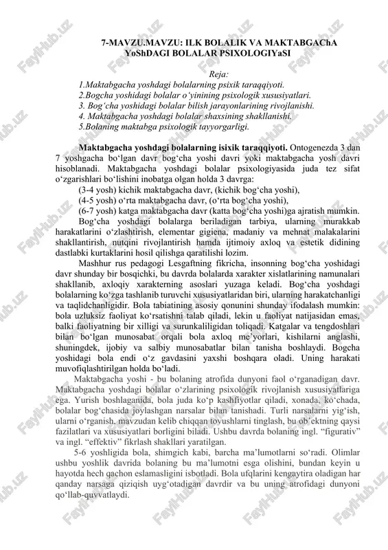 maktabgacha yoshdagi bolalar psixologiyasi — DOCX